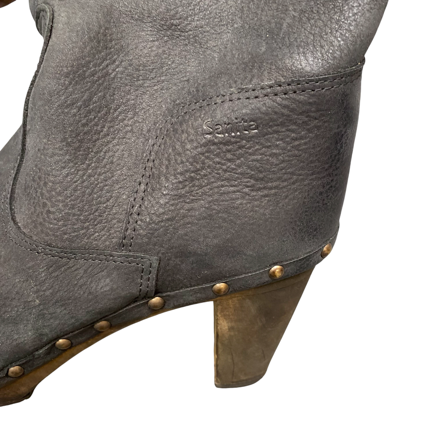Sanita Booties Womens UK Size 7 Black Leather Studded Mid Calf Round Toe Pull On