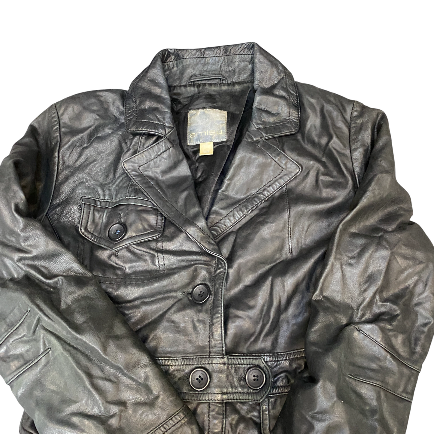 Amisu Leather Blazer Jacket Women Medium Black Lined Notch Lapel Single Breasted