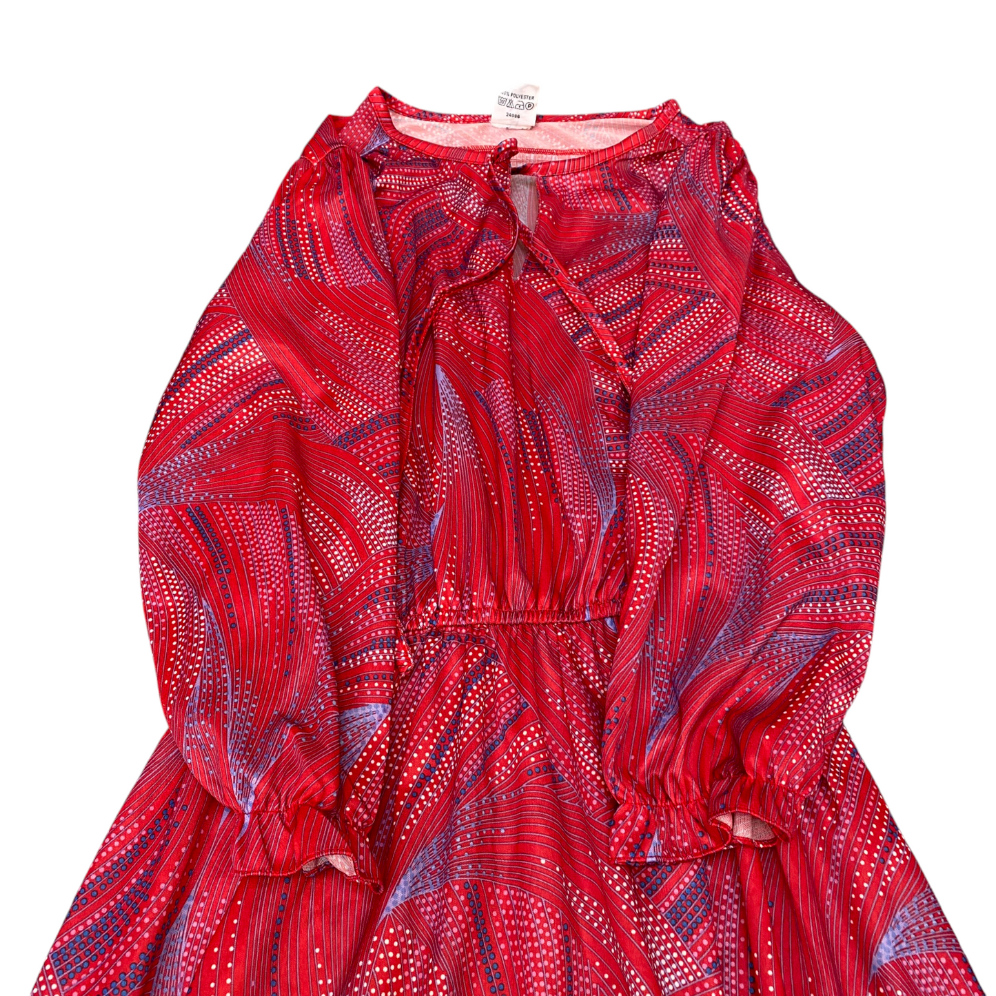 C&A A-Line Dress Womens M Red Polka Dot Cinch Waist Keyhole Tie Neck Pullover