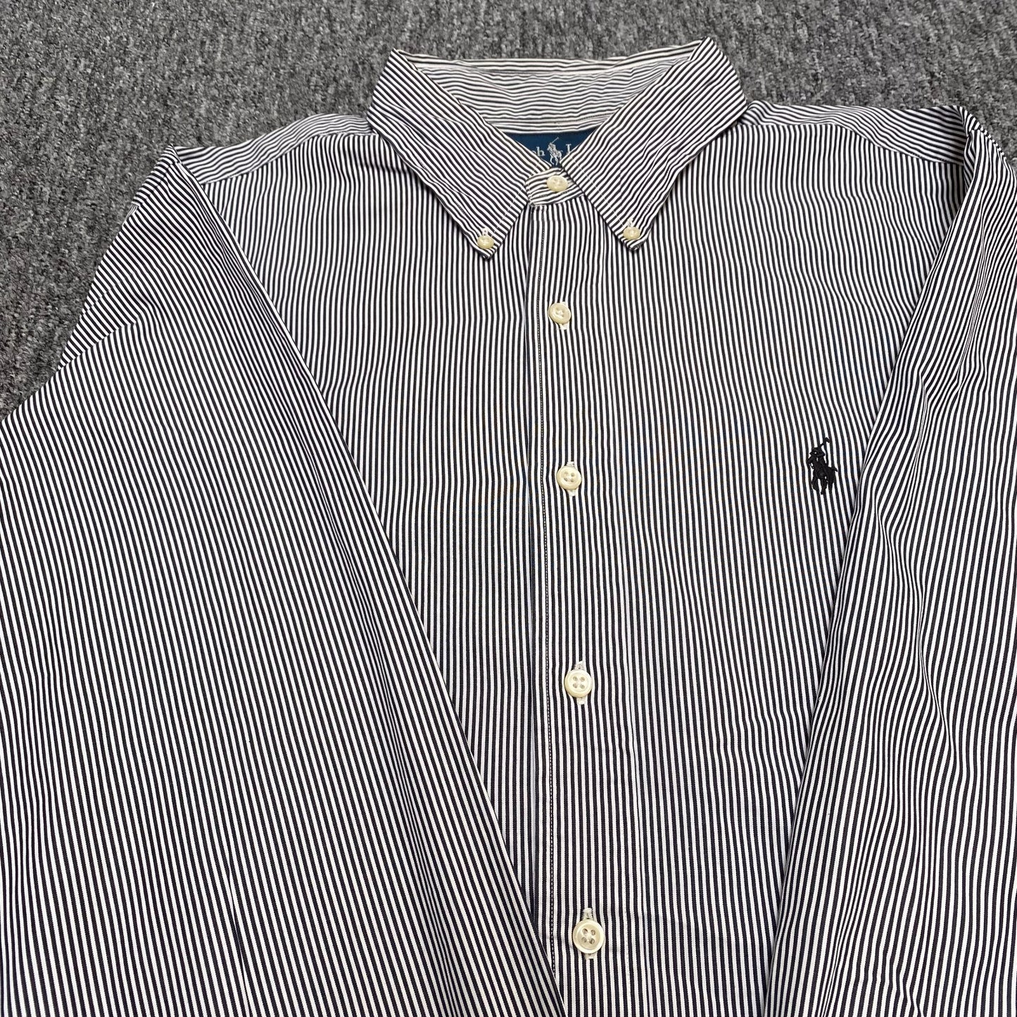 Ralph Lauren Formal Shirt Mens M Black White Striped Custom Fit Black Pony Logo