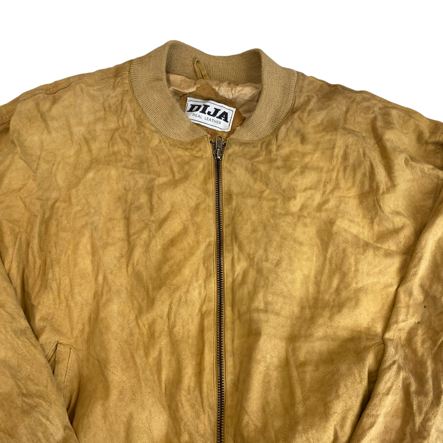 Bomber Jacket Mens L Brown Real Suede Leather Pockets Long Sleeve Full Zip