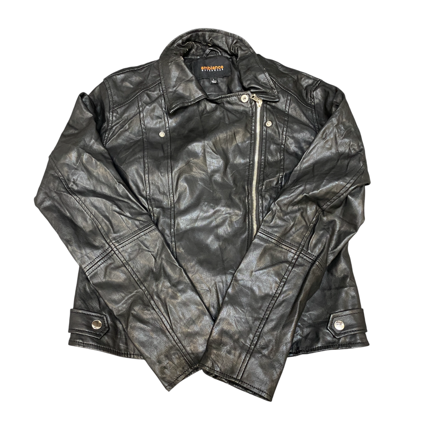 Ambiance Leather Biker Jacket Womens Large Black Lined Collared Asymmetrical Zip