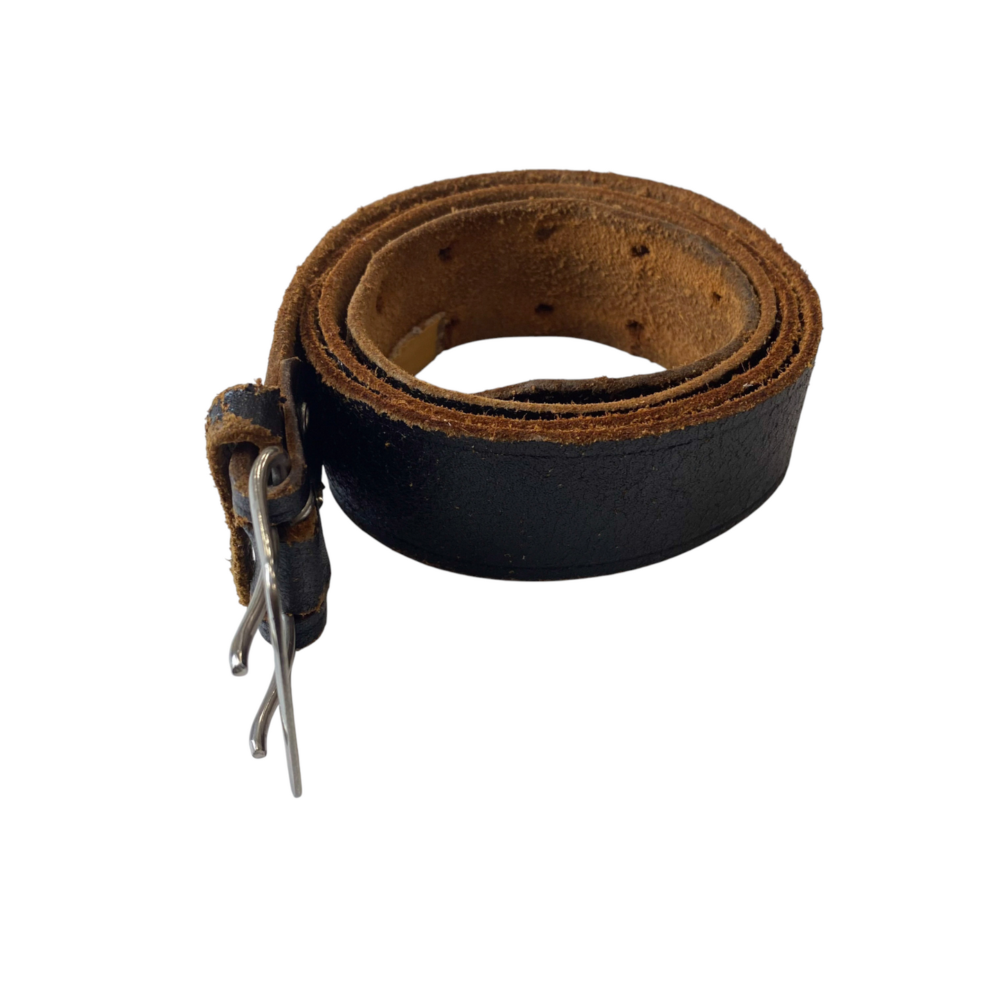 Mens Casual Waist Belt Black Leather Adjustable Double Pin Buckle Size 44.5 in