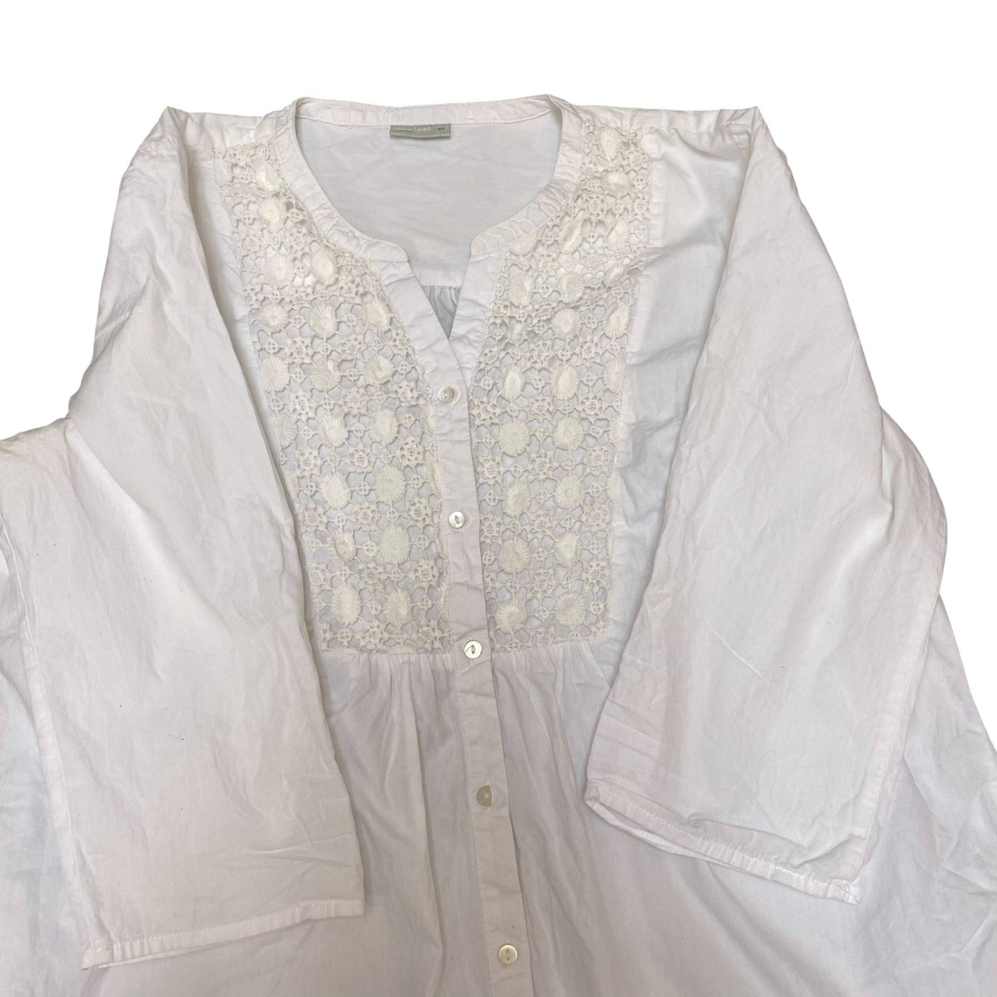 Laura Torelli Tunic Top Womens Medium White Eyelet Roll Tab Sleeve Button Front