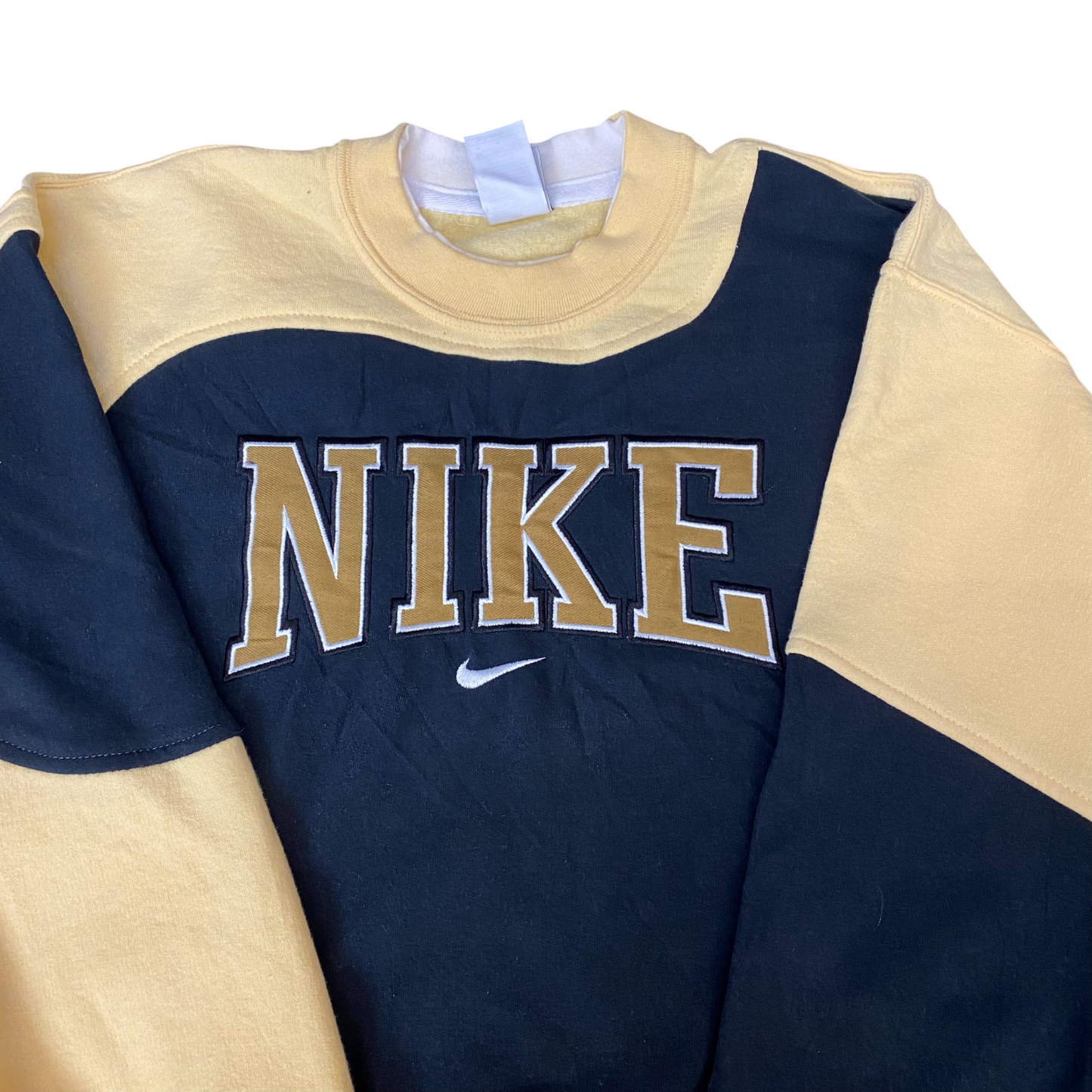 Nike Reworked Sweatshirt Mens M Yellow Black Embroidered Spellout Logo Vtg Y2K