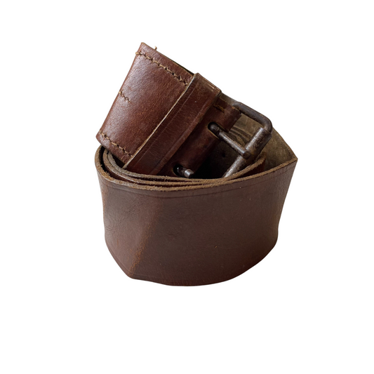 Men French Army Waist Belt Brown Leather Adjustable Double Pin Buckle Size 37 in