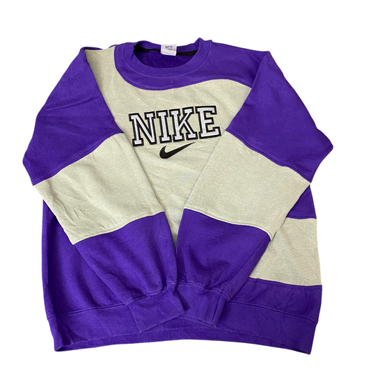Nike Reworked Sweatshirt Mens M Purple Beige Embroidered Spellout Logo Vtg Y2K