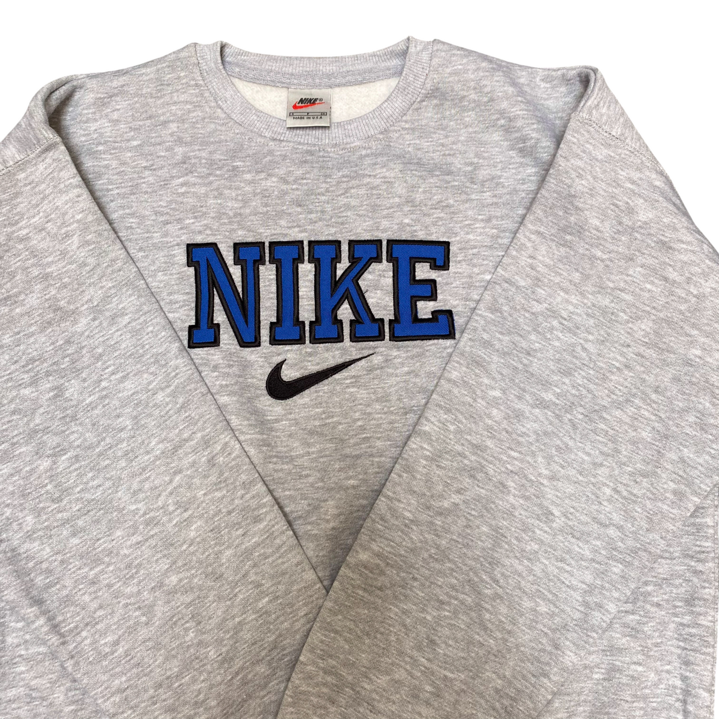 Nike Reworked Sweatshirt Mens S Grey Embroidered Spellout Logo Long Sleeve