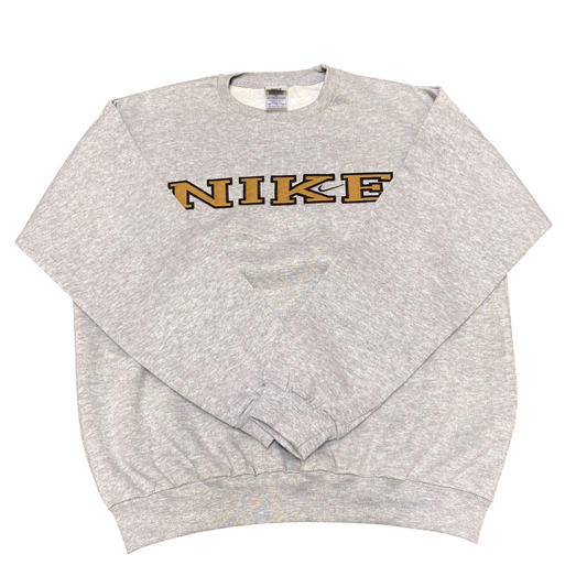 Nike Reworked Sweatshirt Mens Small Grey Embroidered Spellout Logo Crew Neck