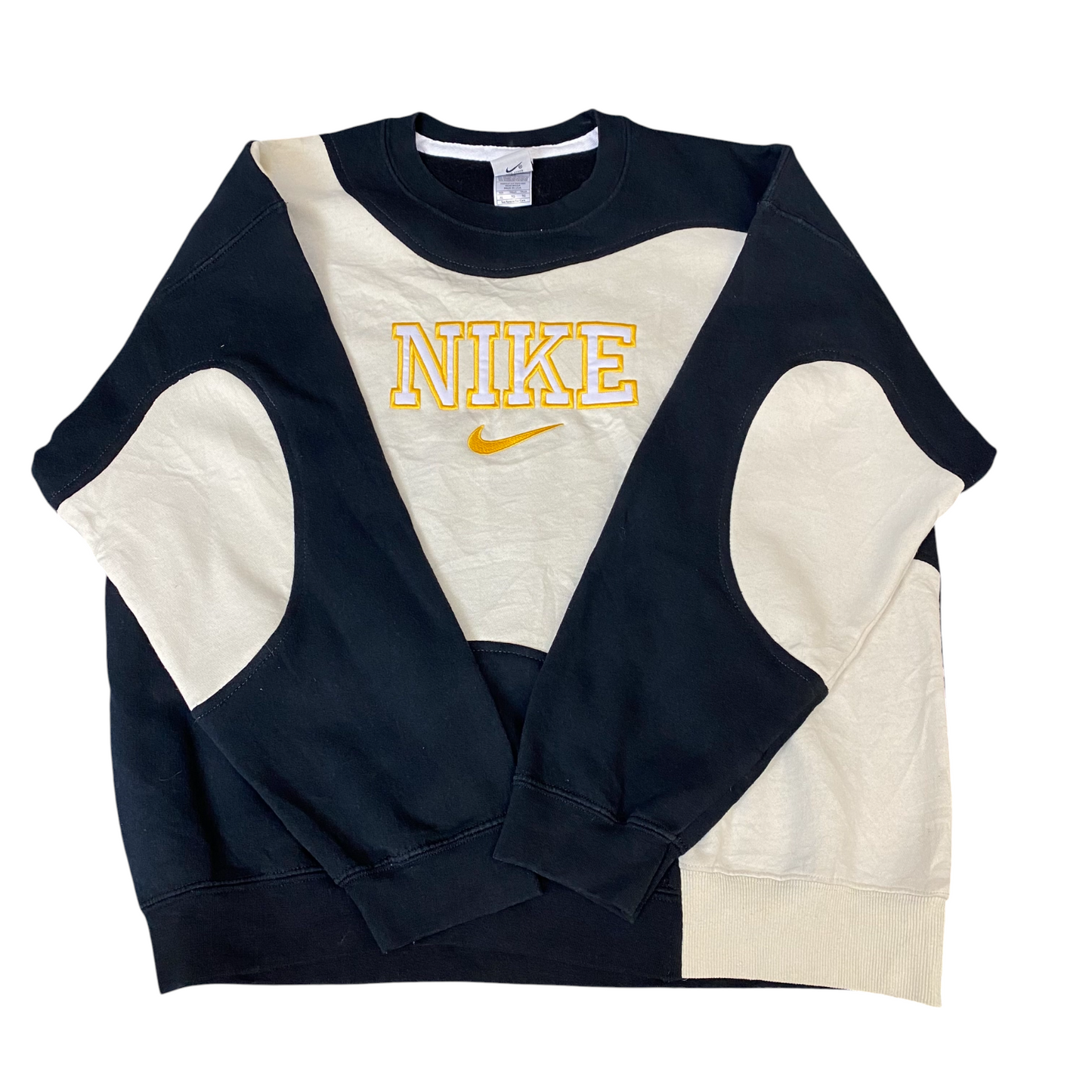 Nike Reworked Sweatshirt Mens XL Cream Black Embroidered Spellout Logo Vtg Y2K