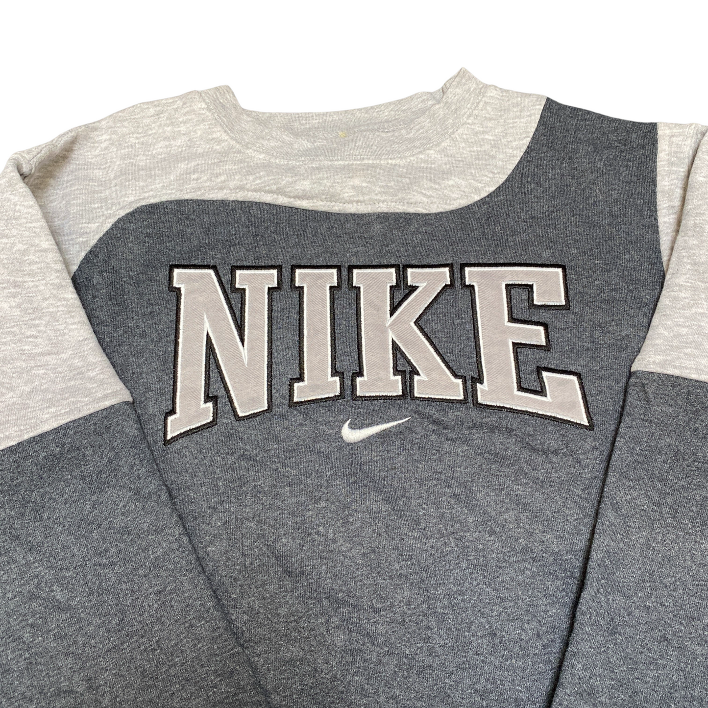 Nike Reworked Sweatshirt Mens Medium Grey Embroidered Spellout Logo Vintage Y2K