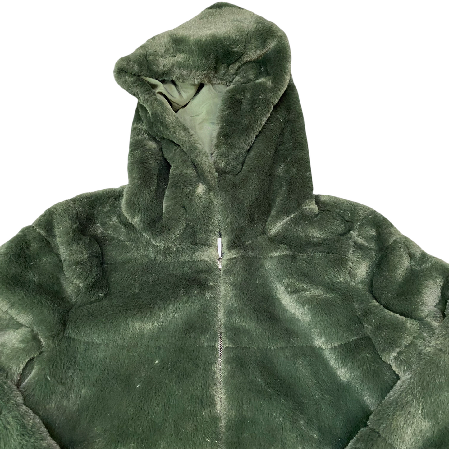 Only Faux Fur Jacket Womens XS Green Fully Lined Cozy Long Sleeve Hooded Zip Up