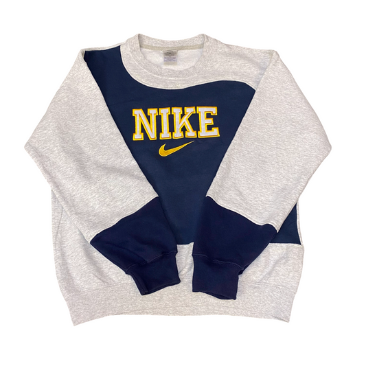 Nike Reworked Sweatshirt Mens M Blue Grey Embroidered Spellout Logo Vintage Y2K