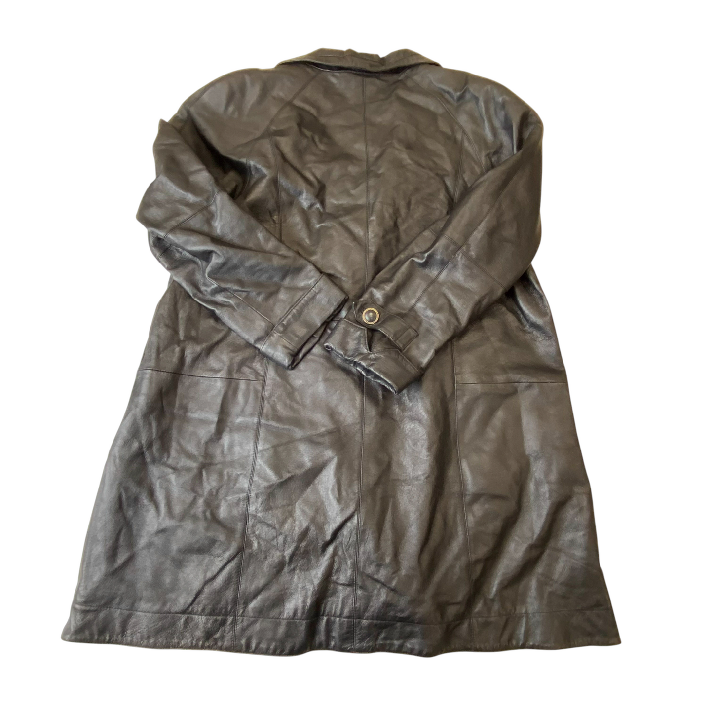 Womens Leather Trench Coat Medium Black Long Sleeve Shawl Lapel Single Breasted