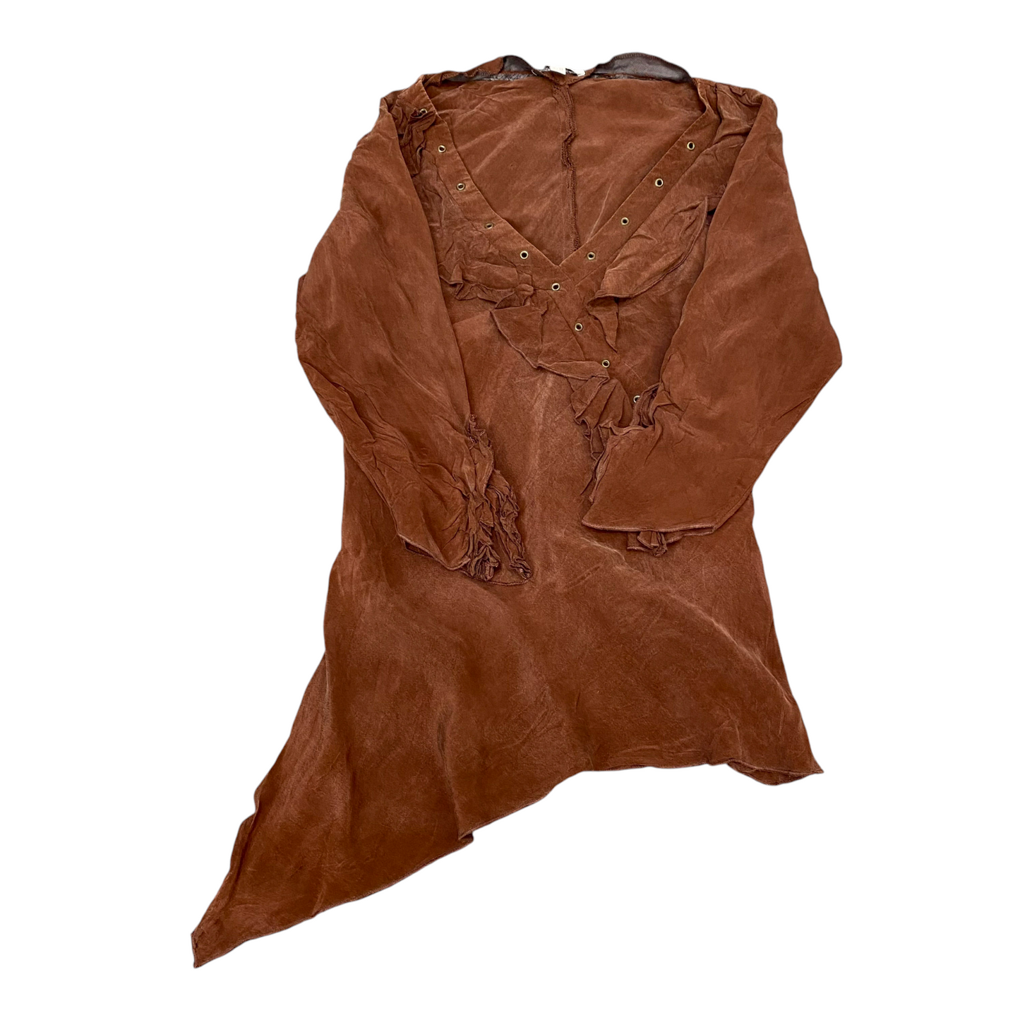 un deux trois Top Womens S Brown Solid Ruffle Detail Long Sleeve V Neck Pullover