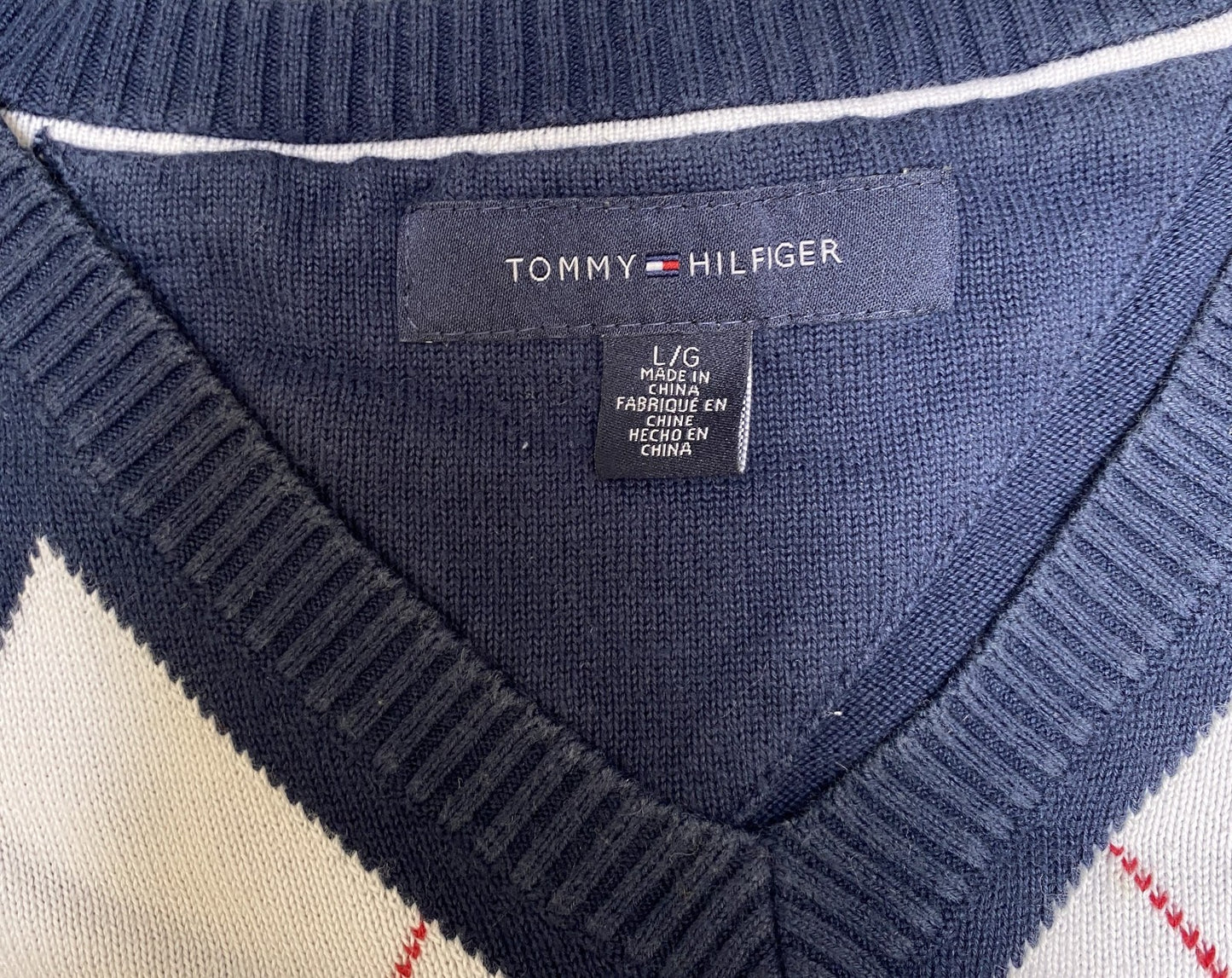 Tommy Hilfiger Jumper Mens Large Blue Argyle Diamond Embroidered V Neck Pullover
