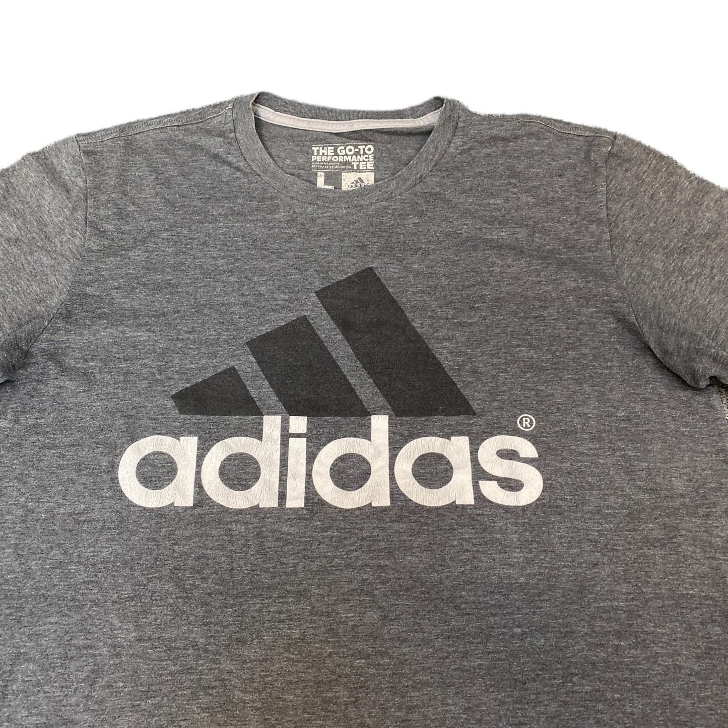 Adidas The Go-To Performance T-Shirt Womens L Grey Heathered Spell Out Logo Tee