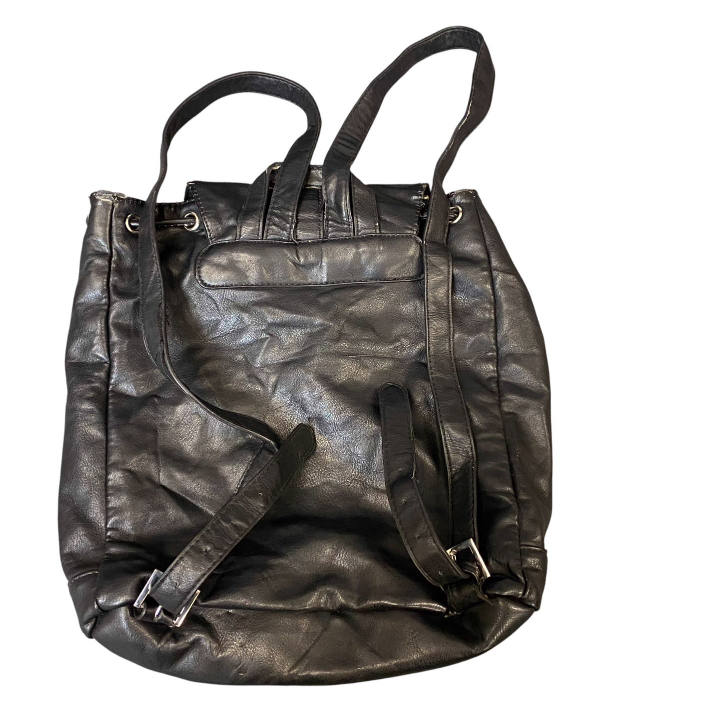 Pimkie Rucksack Backpack Womens Black Leather Shoulder Strap Buckle Flap Closure