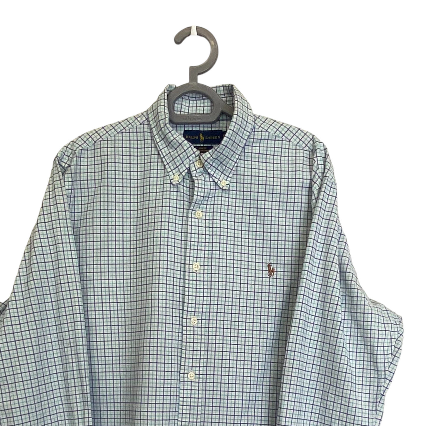 Ralph Lauren Shirt Mens XL Blue Check Slim Fit Stretch Oxford Brown Pony Logo