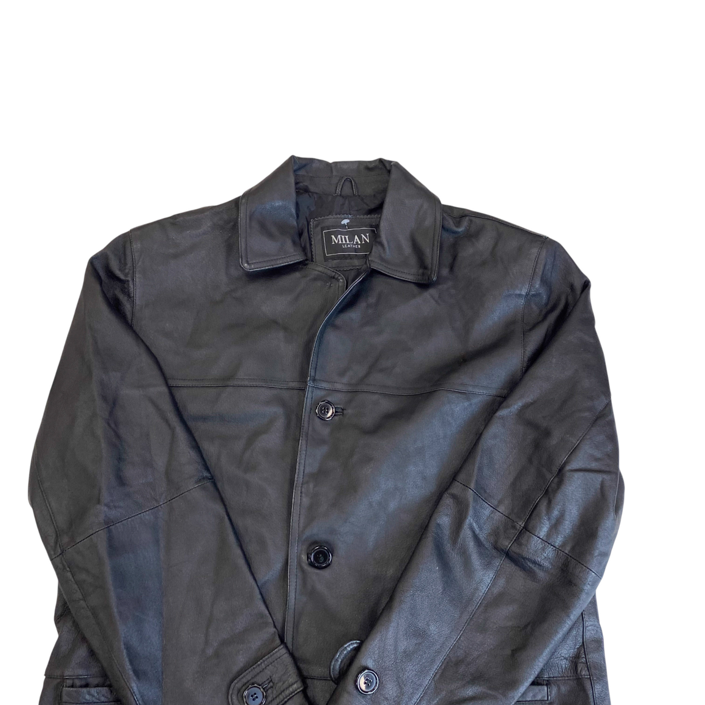 Milan Jacket Mens L Black Genuine Leather Long Sleeve Collared Button Front