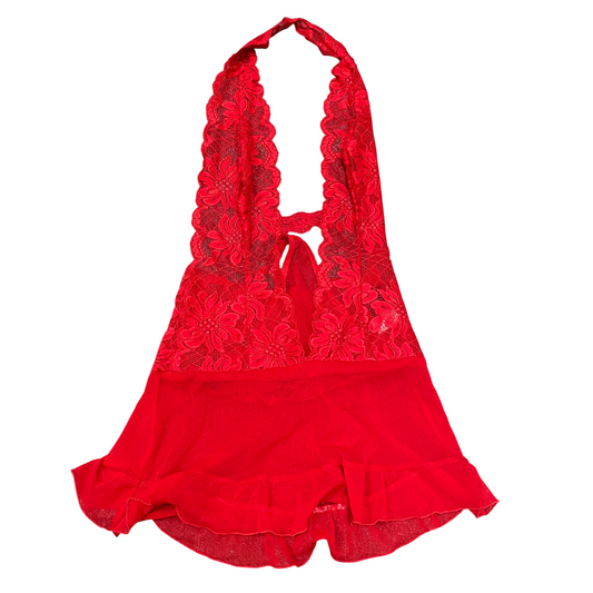 Chemise Lingerie Womens M Red Lace Floral Sexy Halter Neck Peplum Hem Stretch
