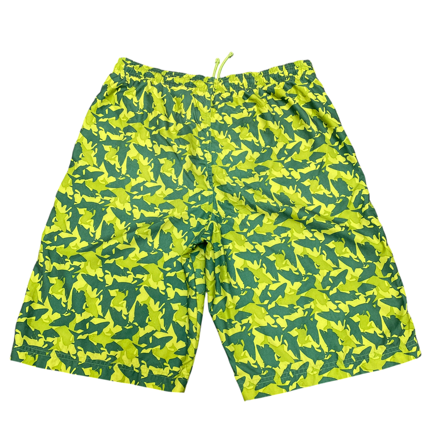 IZOD Swim Short Boys Large Green Allover Shark Print Elastic Waist Drawstring