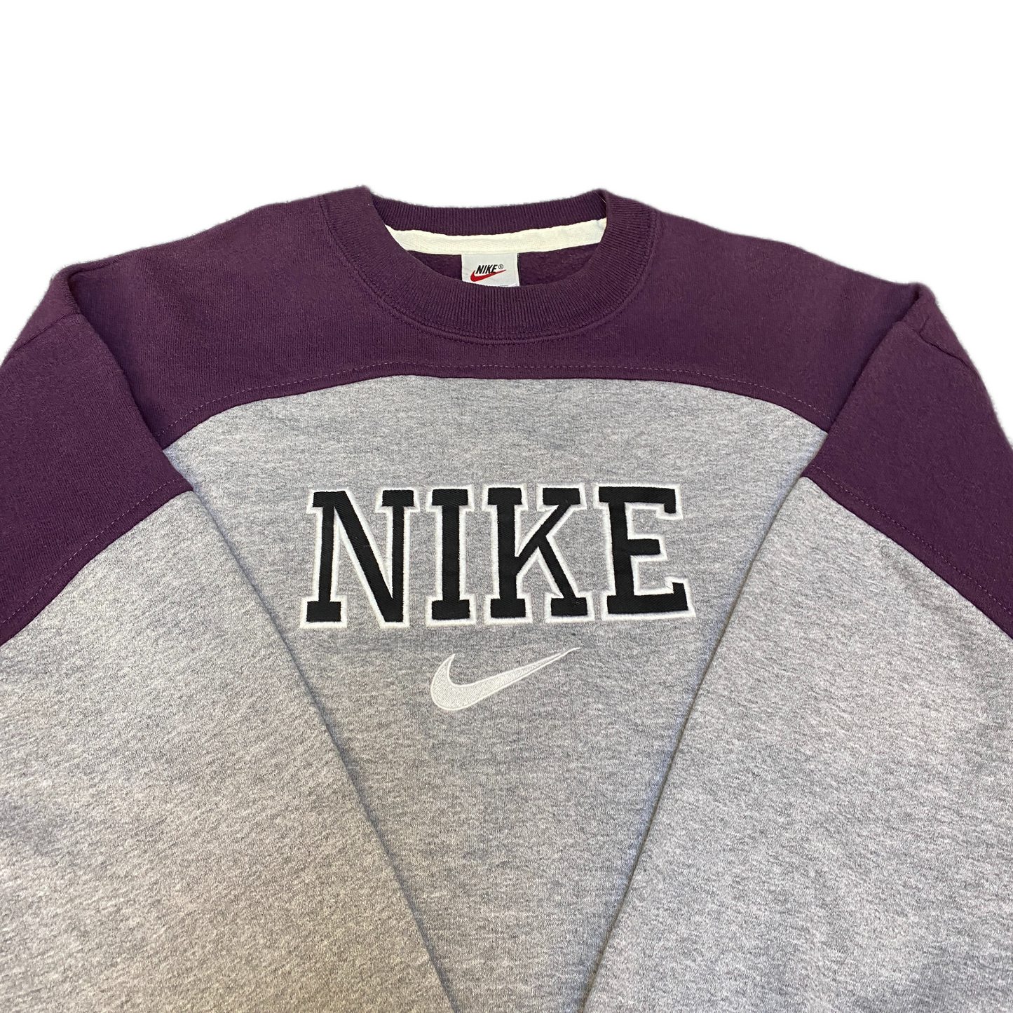 Nike Reworked Sweatshirt Men M Grey Purple Embroidered Spellout Logo Vintage Y2K