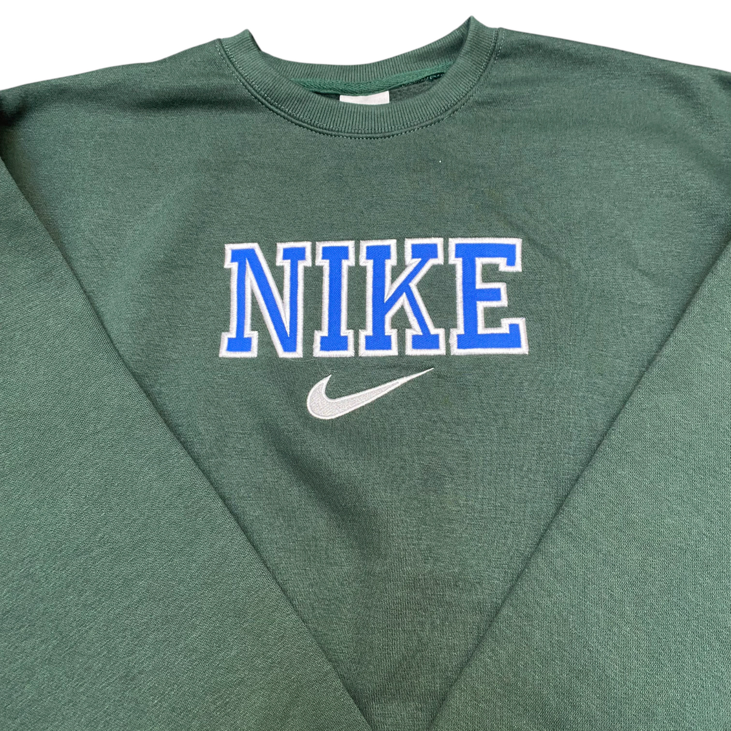 Nike Reworked Sweatshirt Mens XL Green Embroidered Spellout Logo Long Sleeve