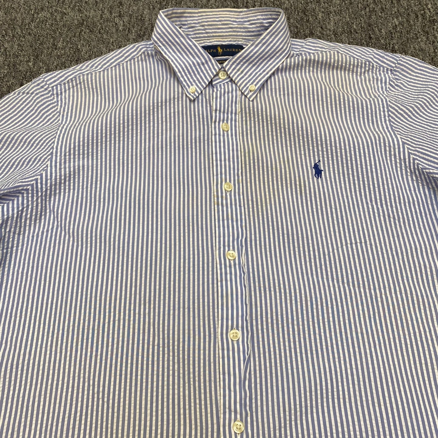 Ralph Lauren Shirt Mens XL Blue White Striped Short Sleeve Pony Logo Button Down