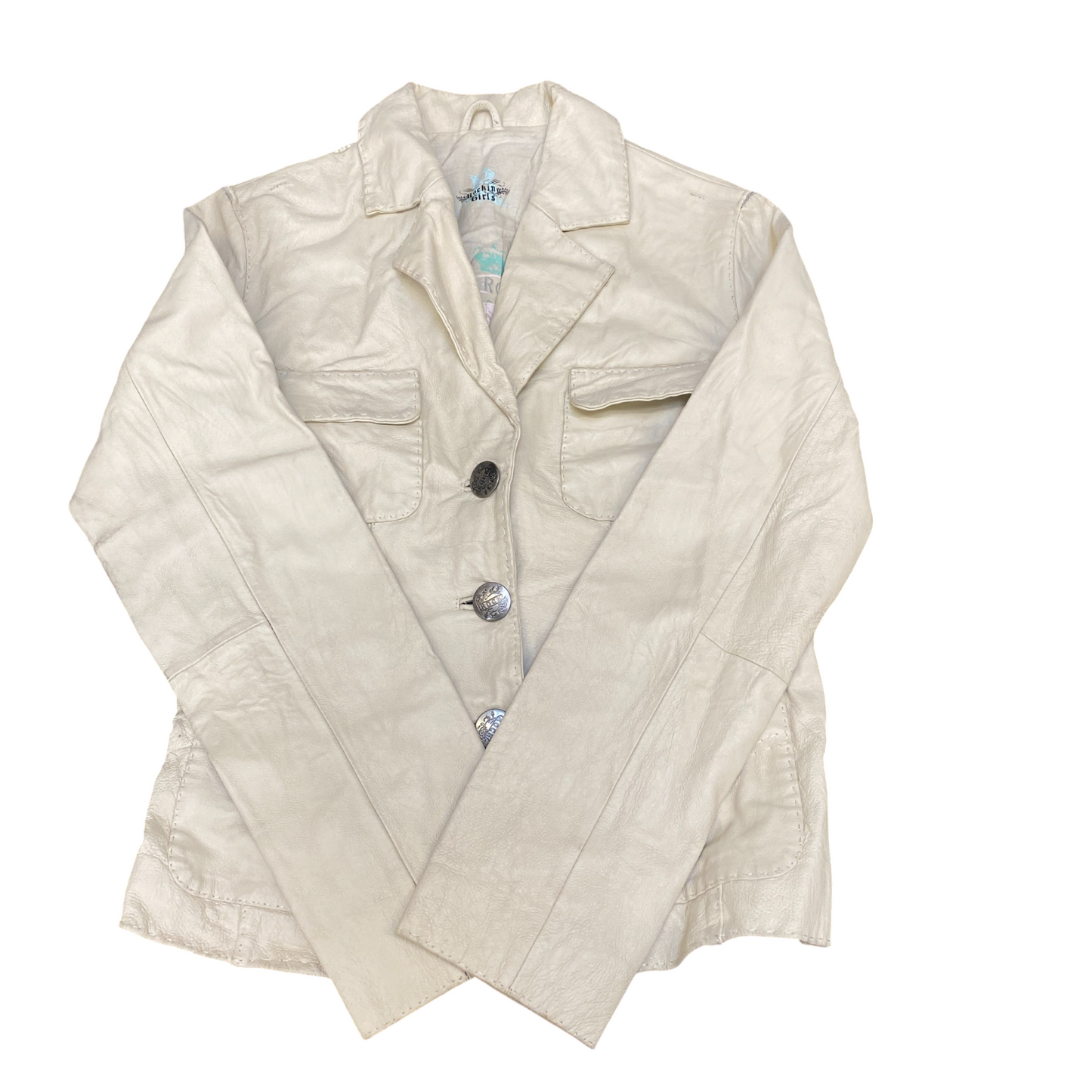 Rocking Genuine Leather Blazer Jacket Girls M Beige Notch Lapel Single Breasted