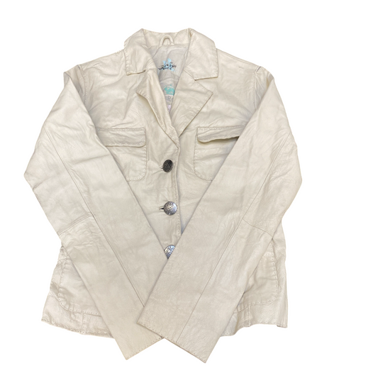 Rocking Genuine Leather Blazer Jacket Girls M Beige Notch Lapel Single Breasted