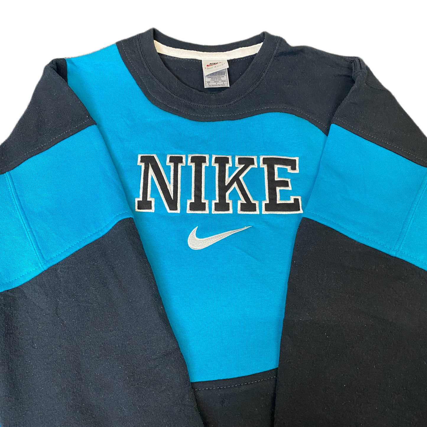 Nike Reworked Sweatshirt Mens S Black Blue Embroidered Spellout Logo Vintage Y2K