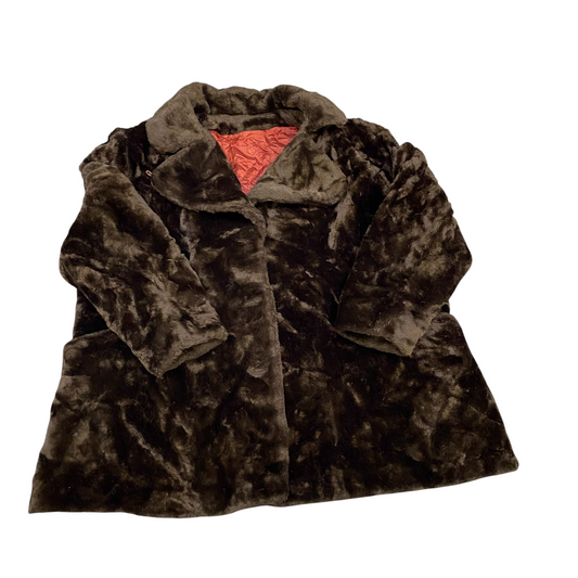 Womens Faux Fur Jacket XL Brown Lightweight Long Sleeve Notch Lapel Button Front