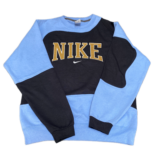 Nike Reworked Sweatshirt Mens S Blue Black Embroidered Spellout Logo Vintage Y2K
