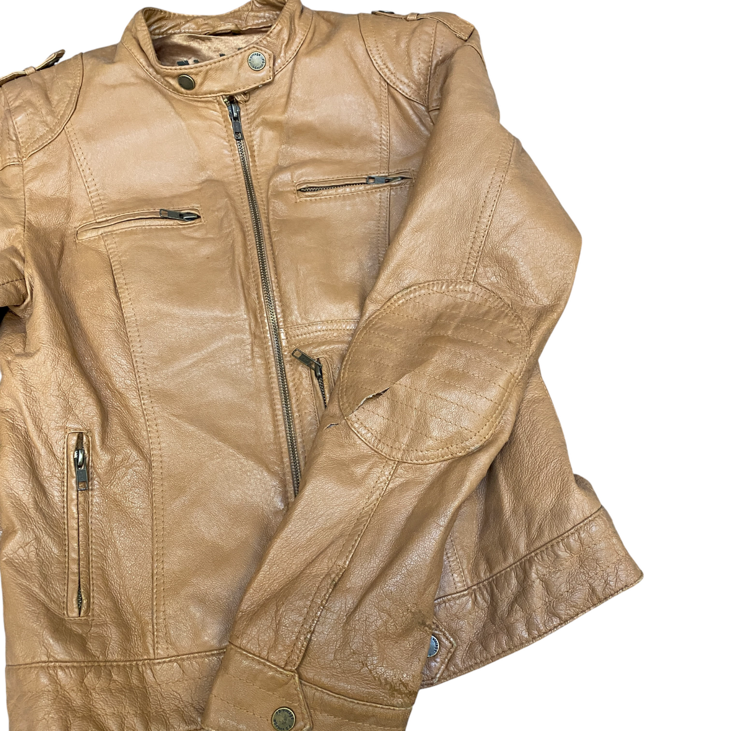 Fishbone Leather Biker Jacket Womens Medium Brown Lined Long Sleeve Full Zipper