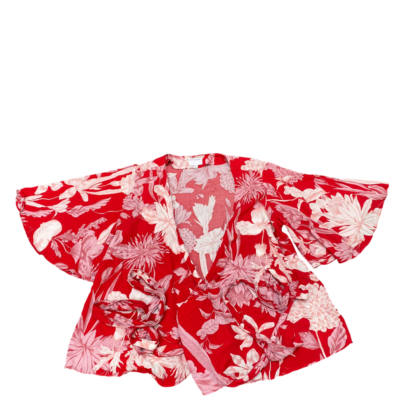 Witchery Blouse Top Womens M Red Floral Short Sleeve V-Neck Tie Front Outdoor