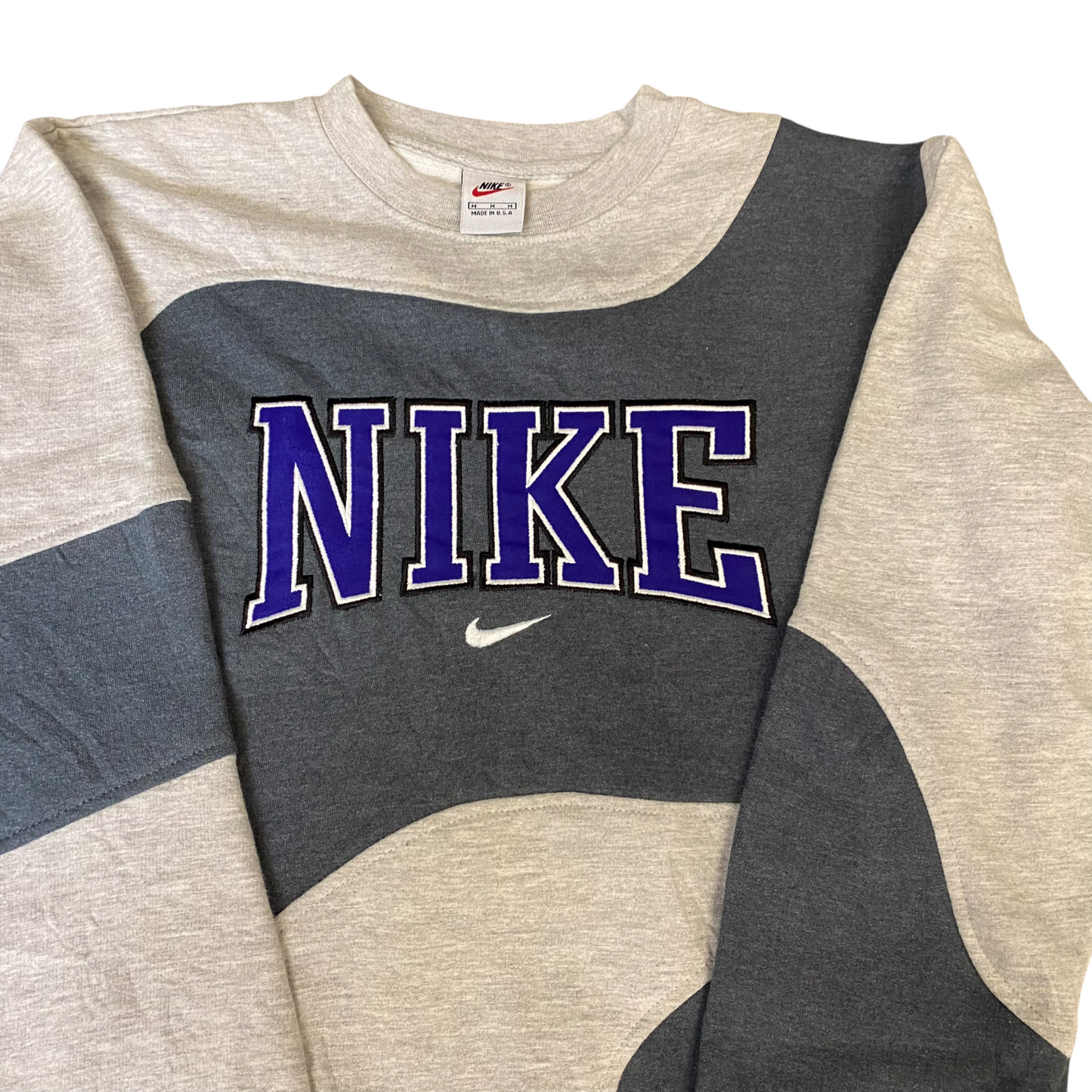 Nike Reworked Sweatshirt Mens Medium Grey Embroidered Spellout Logo Vintage Y2K