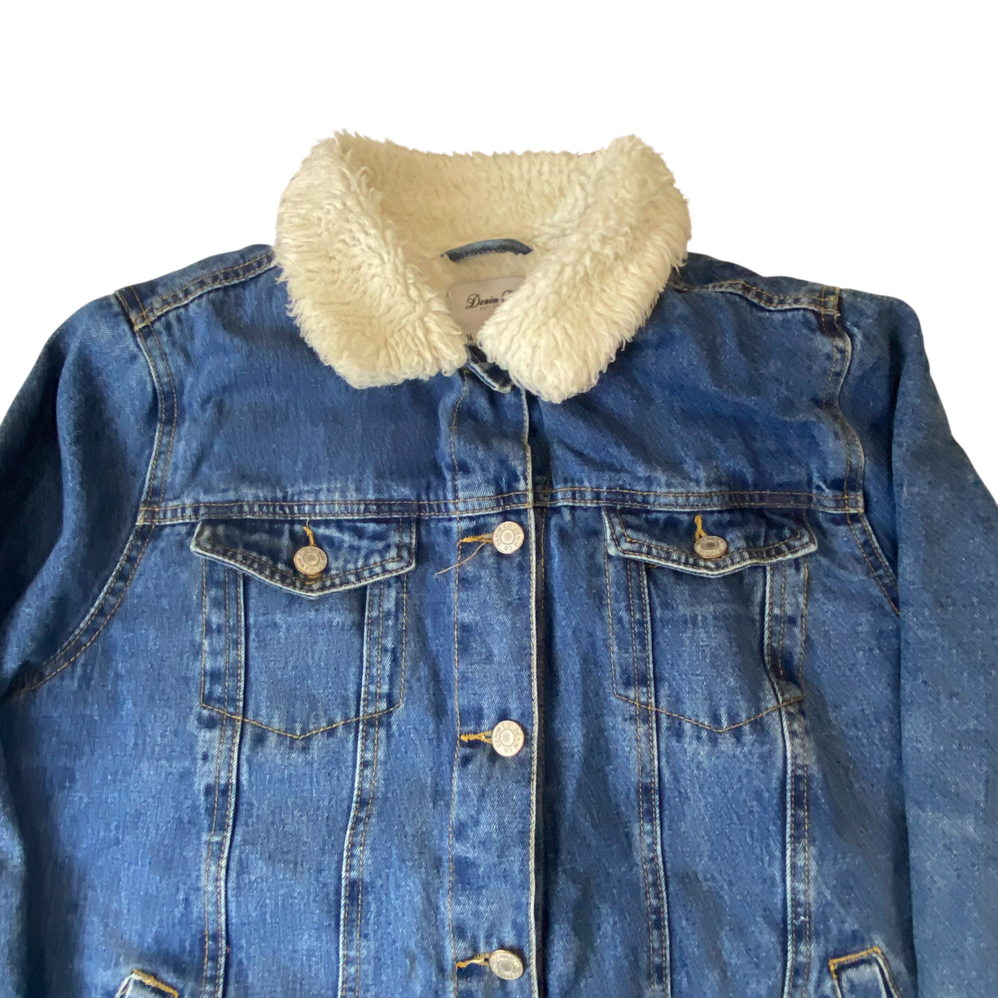 Denim & Co. Jean Trucker Jacket Womens L Blue Sherpa Lined Collared Button Up