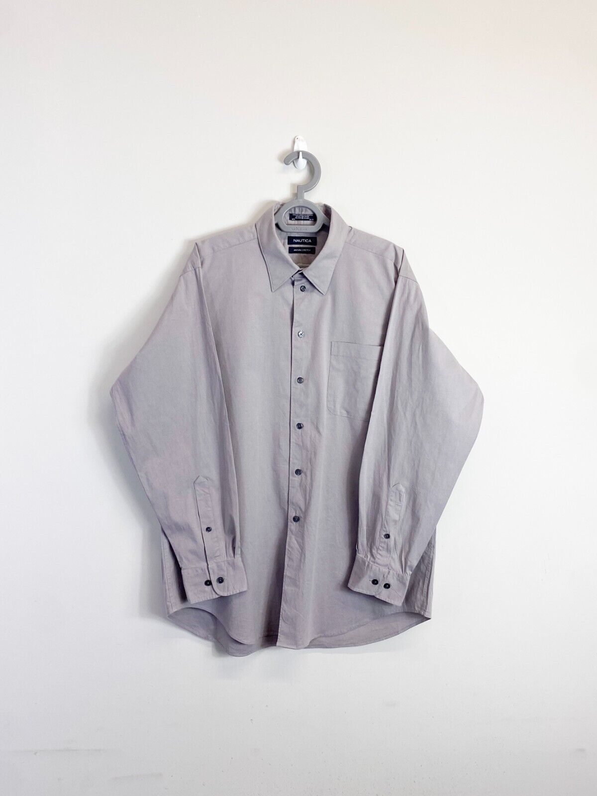 Nautica Dress Shirt Mens L Grey Natural Stretch Long Sleeve Collar Button Down