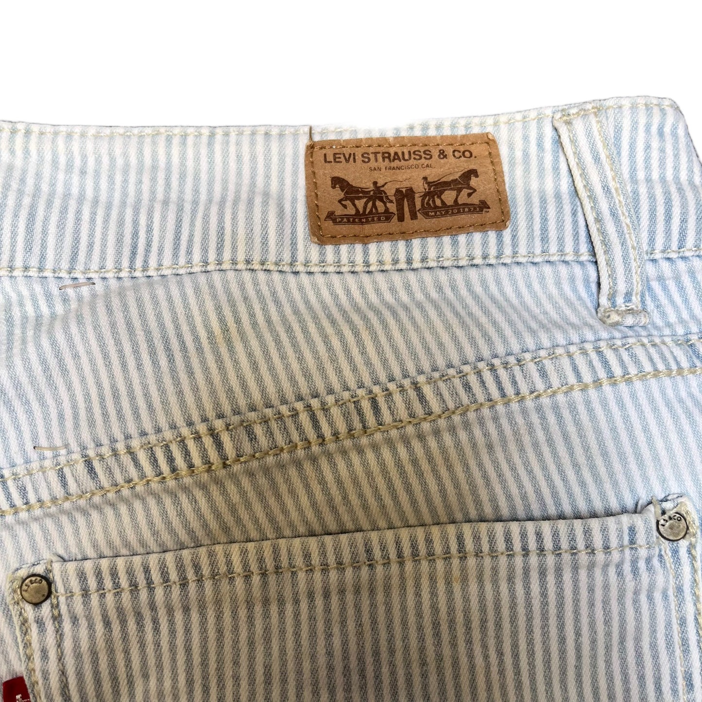 Levi's Shorty Short Fits as Womens XL 33" Waist Blue White Stripe Denim Red Tab