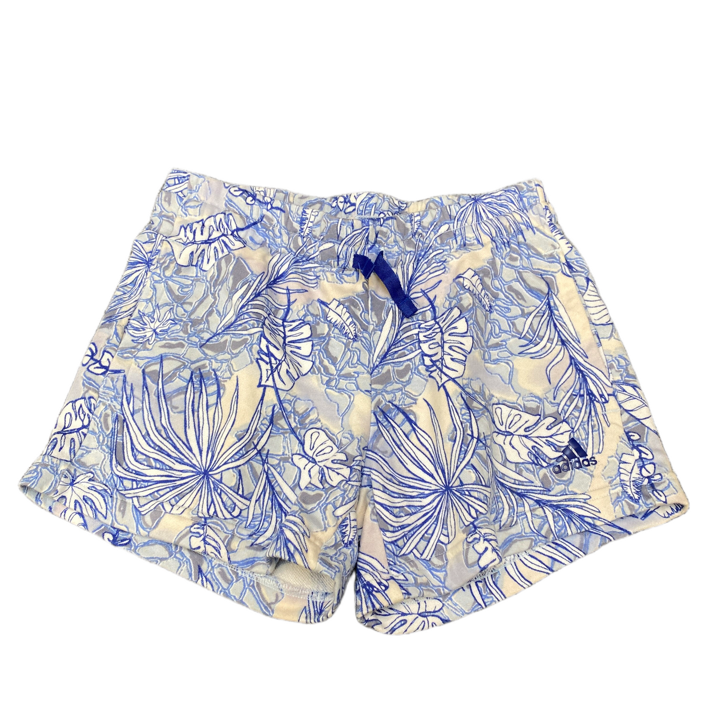 Adidas Summerglam Shorts Girls Small 25" Waist White Blue Palm Leaf Drawstring