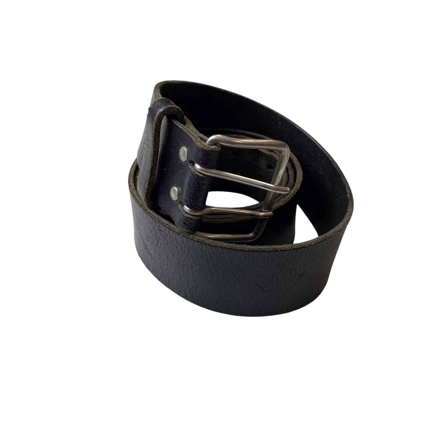 Mens Casual Waist Belt Black Leather Adjustable Double Pin Buckle Size 44.5 in