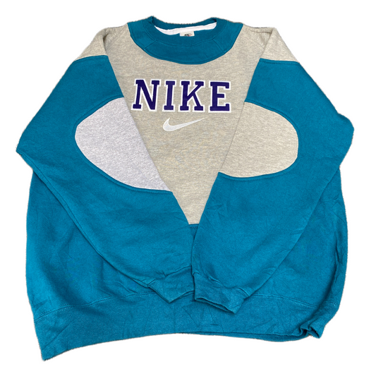 Nike Reworked Sweatshirt Mens L Blue Grey Embroidered Spellout Logo Vintage Y2K