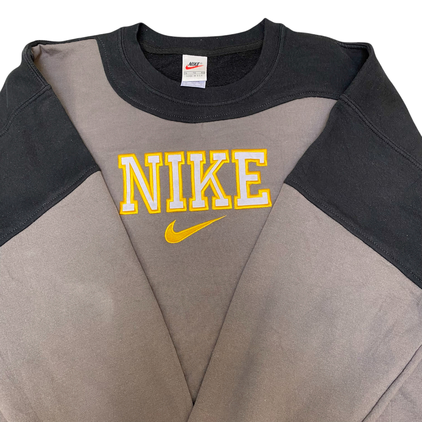 Nike Reworked Sweatshirt Mens XL Black Brown Embroidered Spell Out Logo Y2K