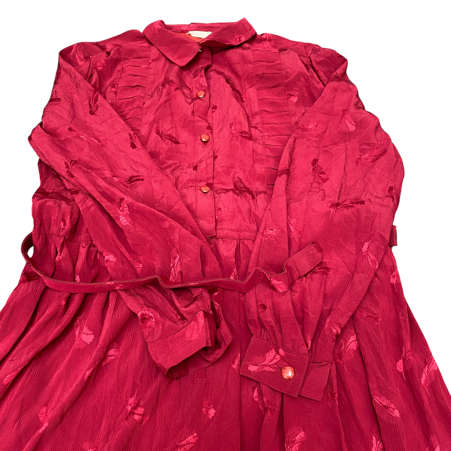 Plaire Dress Womens M Red Floral Silk Pleated Long Sleeve Collared Button Front