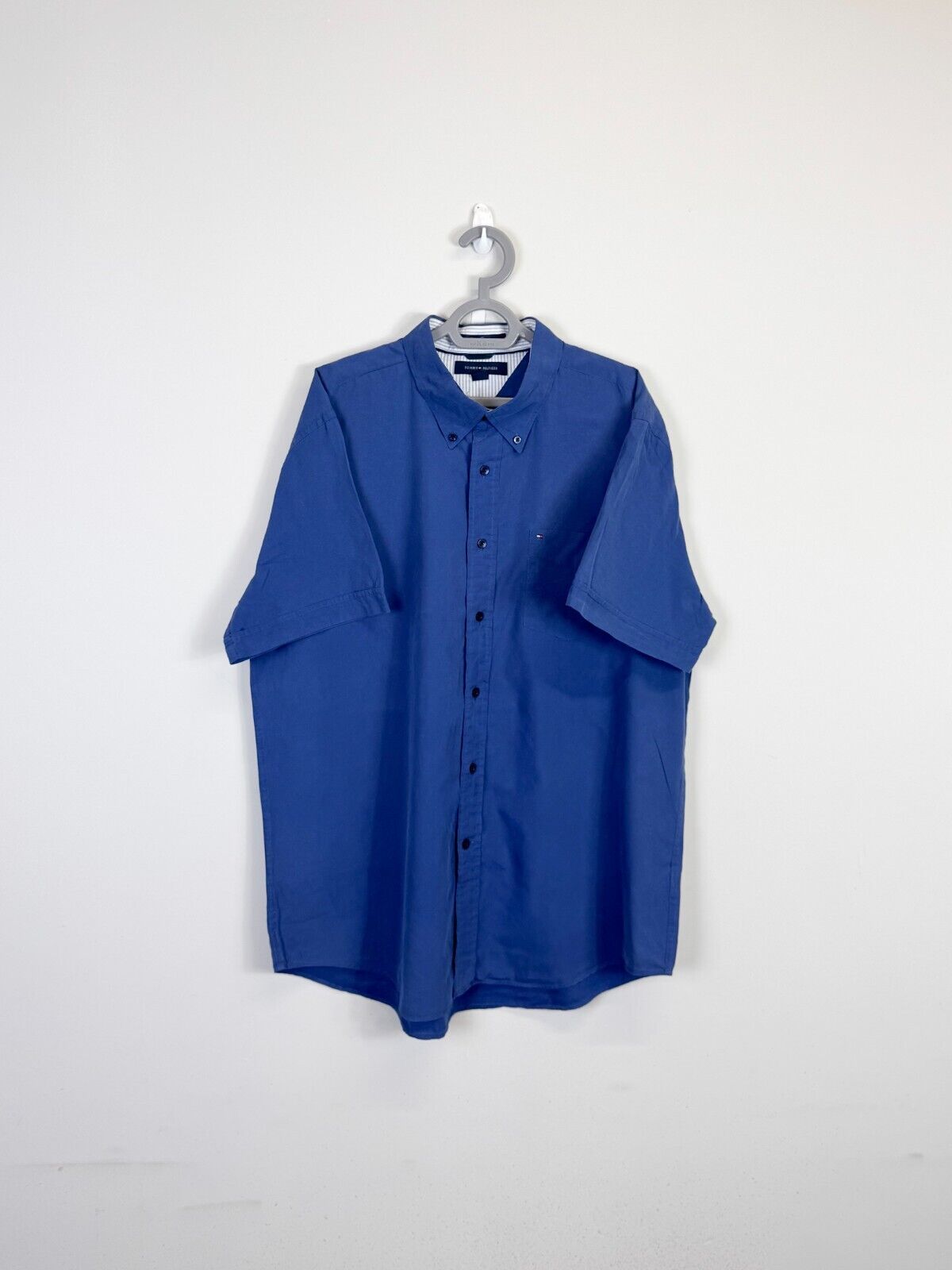 Tommy Hilfiger Shirt Men XL Blue Logo Tag Short Sleeve Collar Casual Button Down