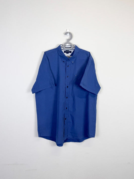 Tommy Hilfiger Shirt Men XL Blue Logo Tag Short Sleeve Collar Casual Button Down