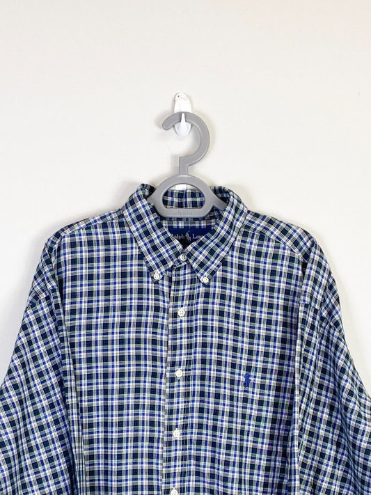 Ralph Lauren Shirt Mens Large Blue Plaid Blake Cotton Small Blue Polo Pony Logo