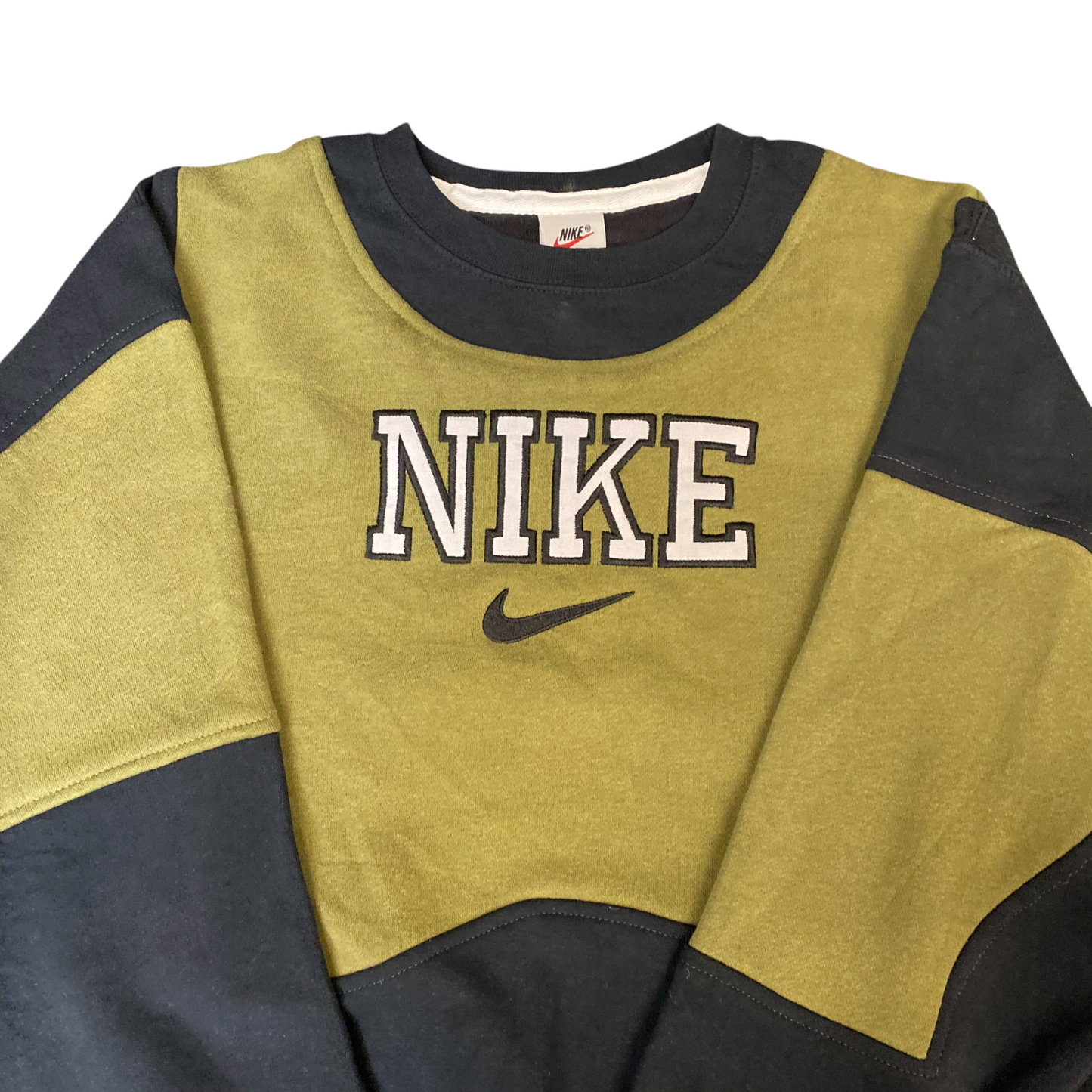 Nike Reworked Sweatshirt Men L Black Green Embroidered Spellout Logo Vintage Y2K