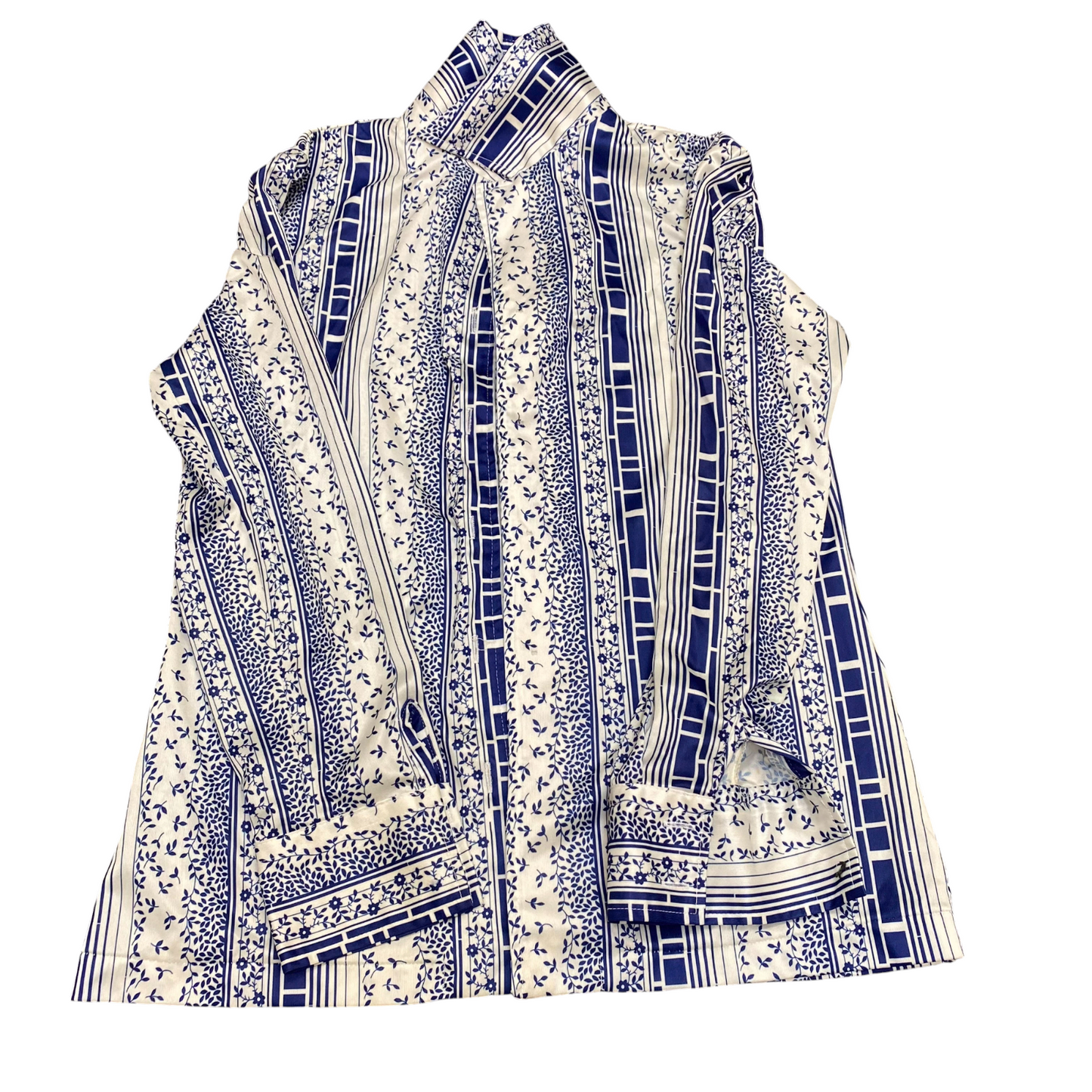 Womens Button Up Shirt M White Blue Floral Print Casual Long Sleeve Collared